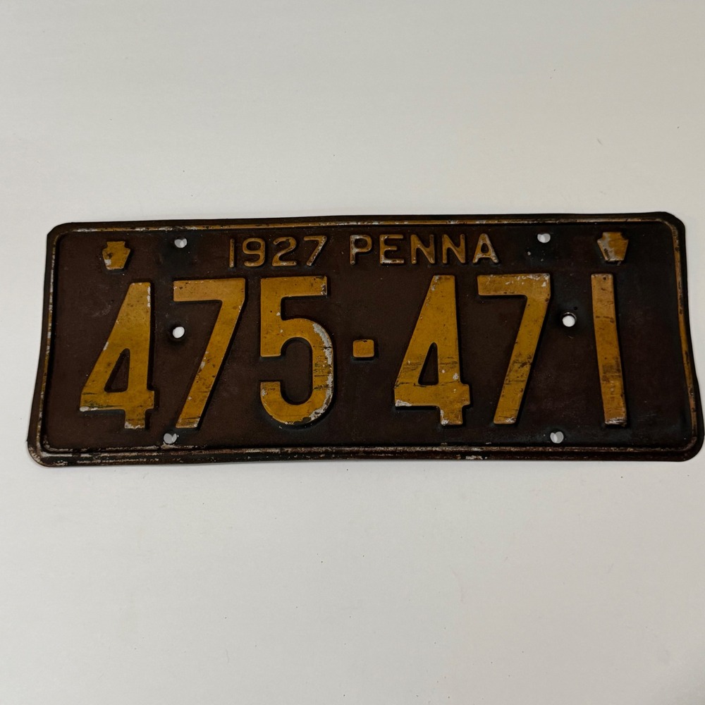 Pennsylvania License Plate Brown Yellow‎ 1927 Vintage Embossed Metal